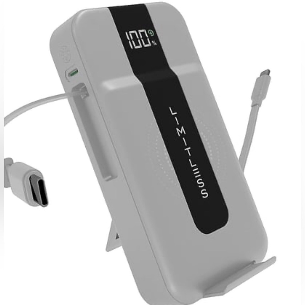 Elite 15,000mAh Power Bank W Wall Plug, Built-In Cables, Wireless Charging